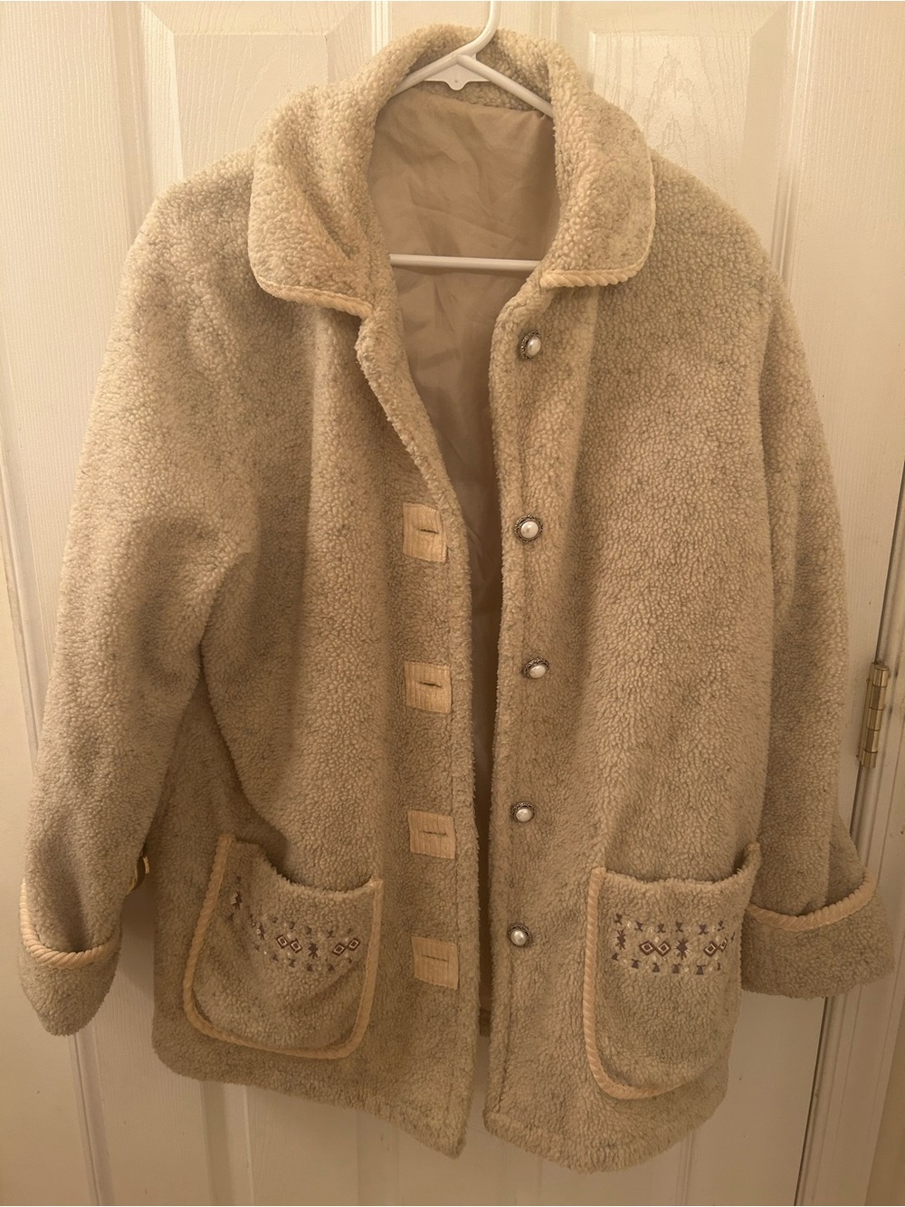 Haband Cream Teddy Sherpa Jacket with Embroidered Pockets